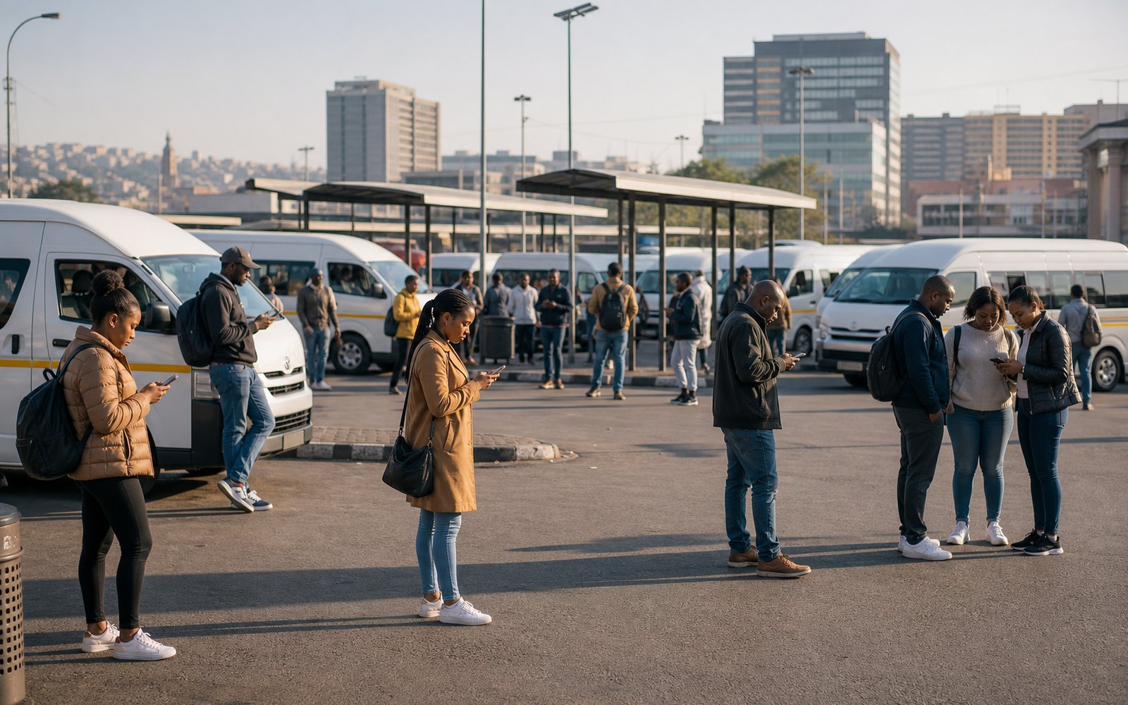 People using mobile phones across a South African taxi-rank forecourt.